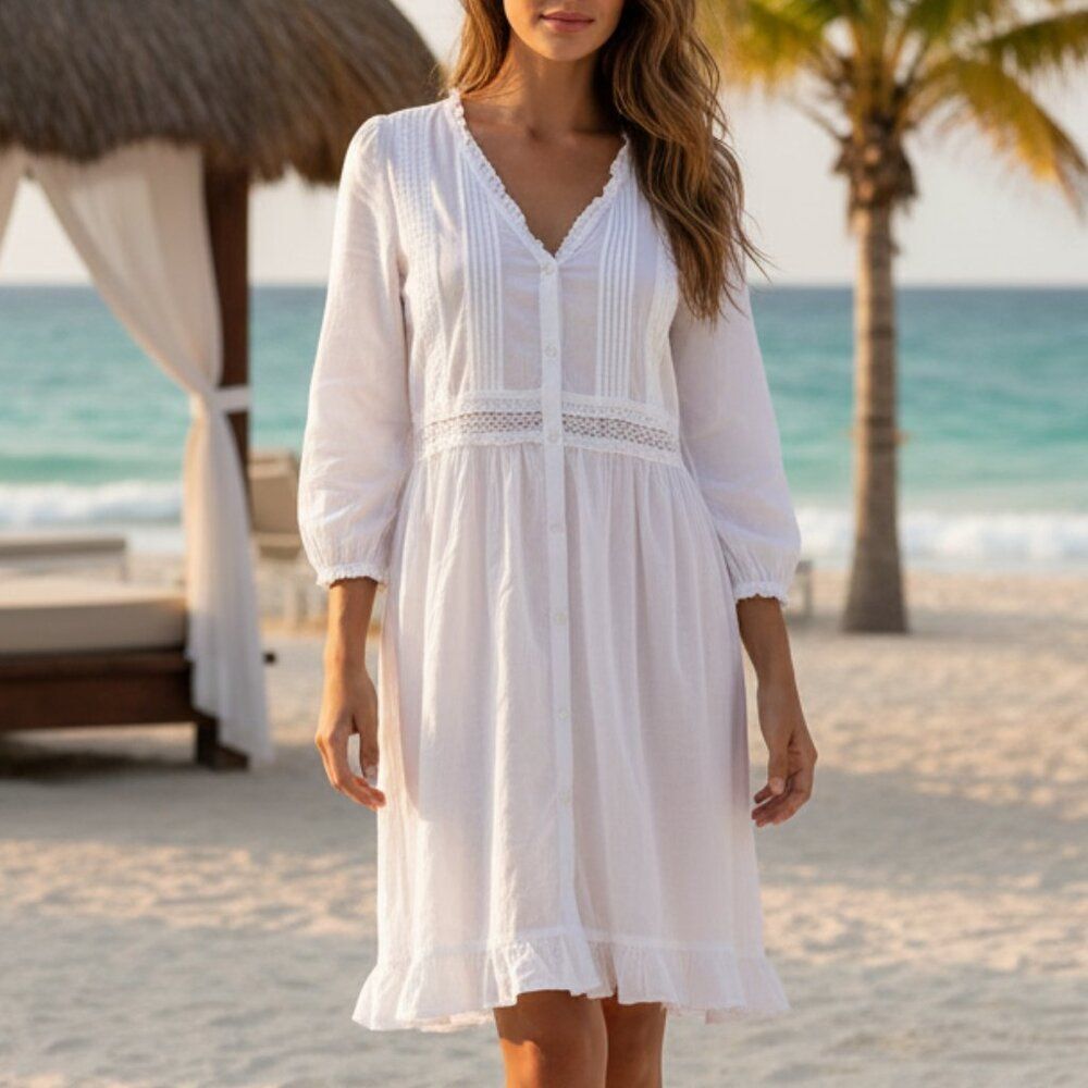 Laura Ashley 100% Cotton White Cottagecore Dress | Floral Button Midi L